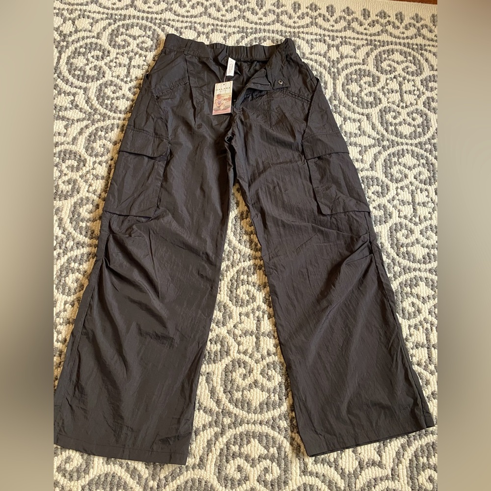 Black Halara wide leg cargo nylon track pants size small.